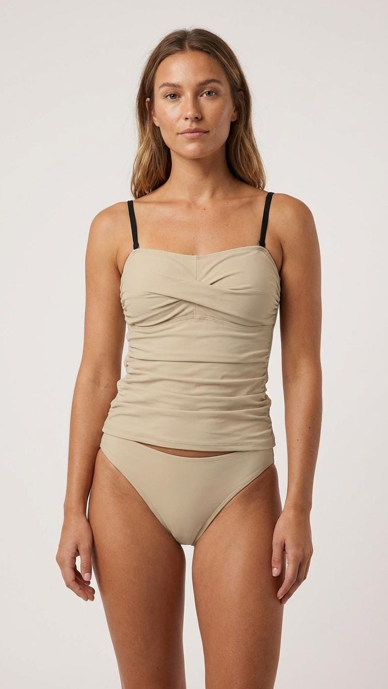 Chic Beige Tankini with Tummy Control, Elegant Ruched Swimwear, S to 5XL