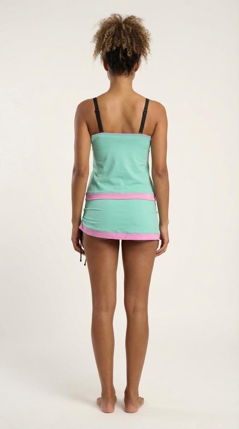 Drawstring Tankini Swimdress Skirted Swimsuit Set, 1980s-Fluo in Various Colours
