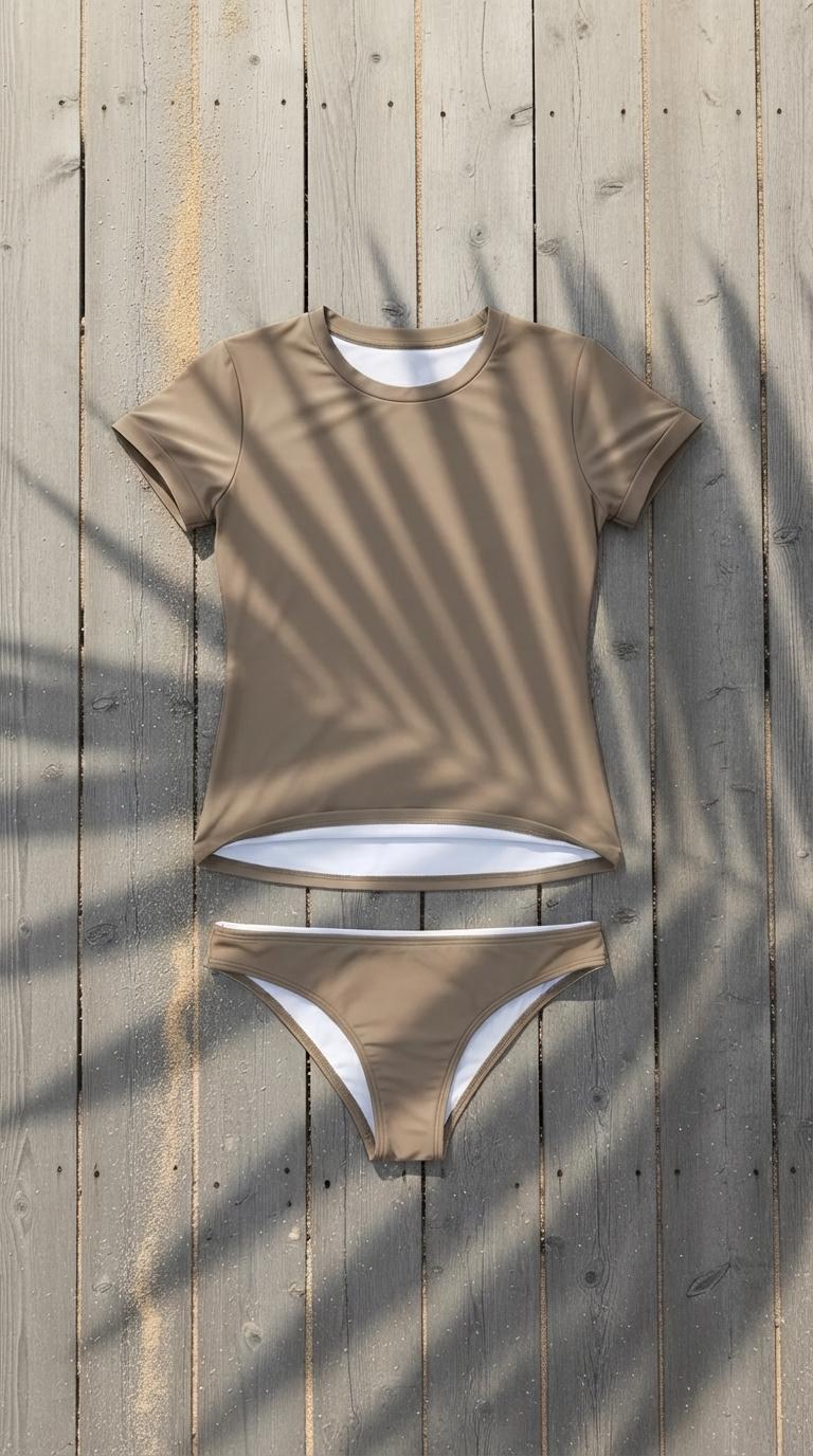 Chic Minimalist Surf Bikini Set – Short Sleeve Tankini Rash Guard | Taupe