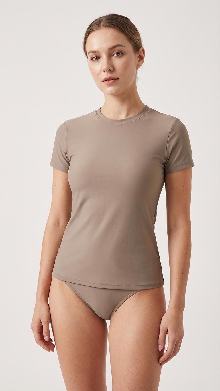 Chic Minimalist Surf Bikini Set – Short Sleeve Tankini Rash Guard | Taupe