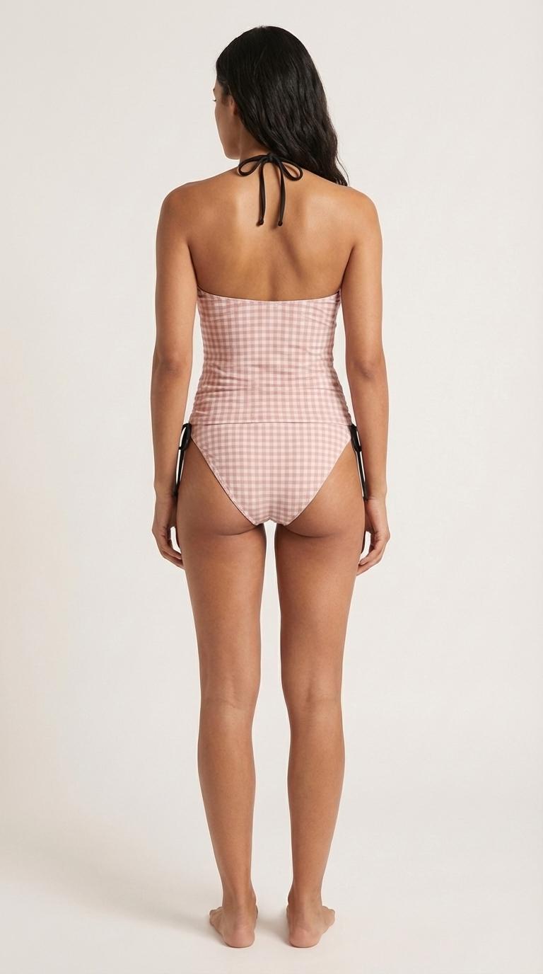 Coquette Retro Gingham Checkered Tankini – Vintage-Inspired Two-Piece Drawstring Halterneck Swimsuit