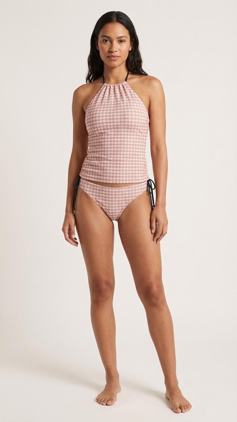 Coquette Retro Gingham Checkered Tankini – Vintage-Inspired Two-Piece Drawstring Halterneck Swimsuit