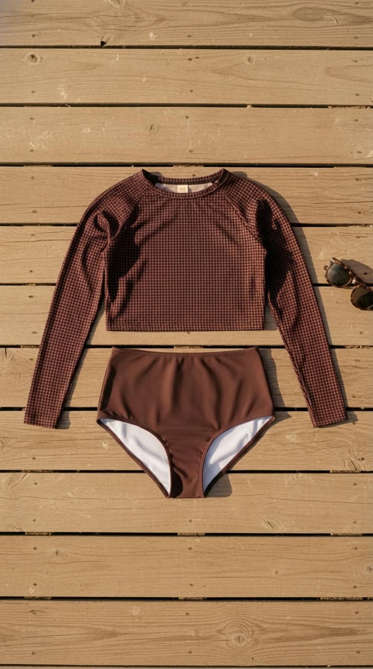 70s Retro Surf Sporty Long-Sleeve Rash-Guard Bikini | High-Waist Two-Piece Swimsuit | Chocolate Brown Gingham