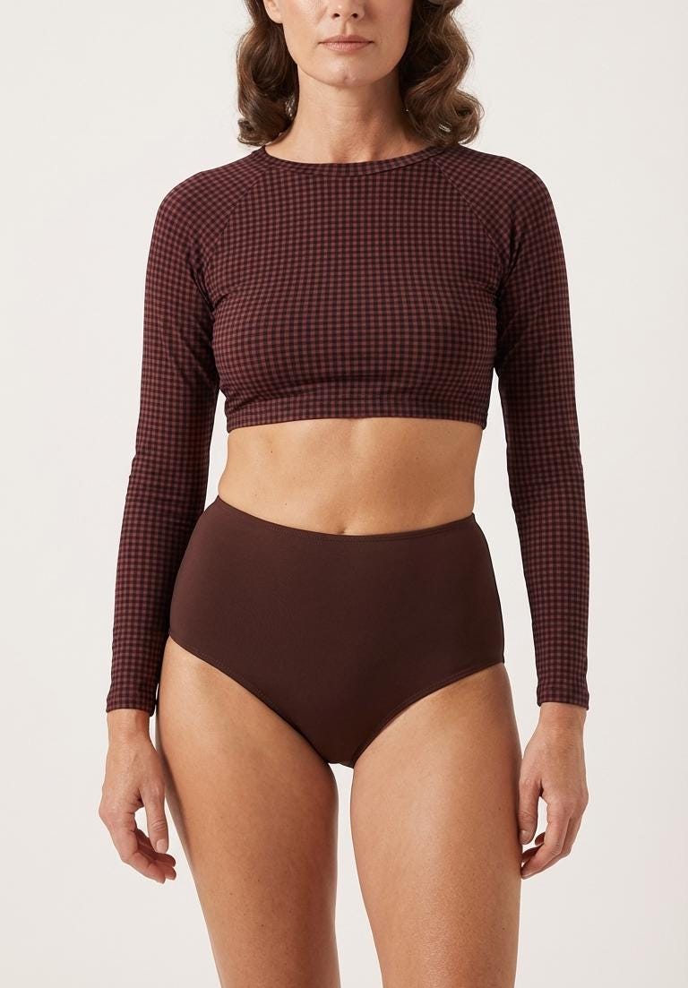 70s Retro Surf Sporty Long-Sleeve Rash-Guard Bikini | High-Waist Two-Piece Swimsuit | Chocolate Brown Gingham