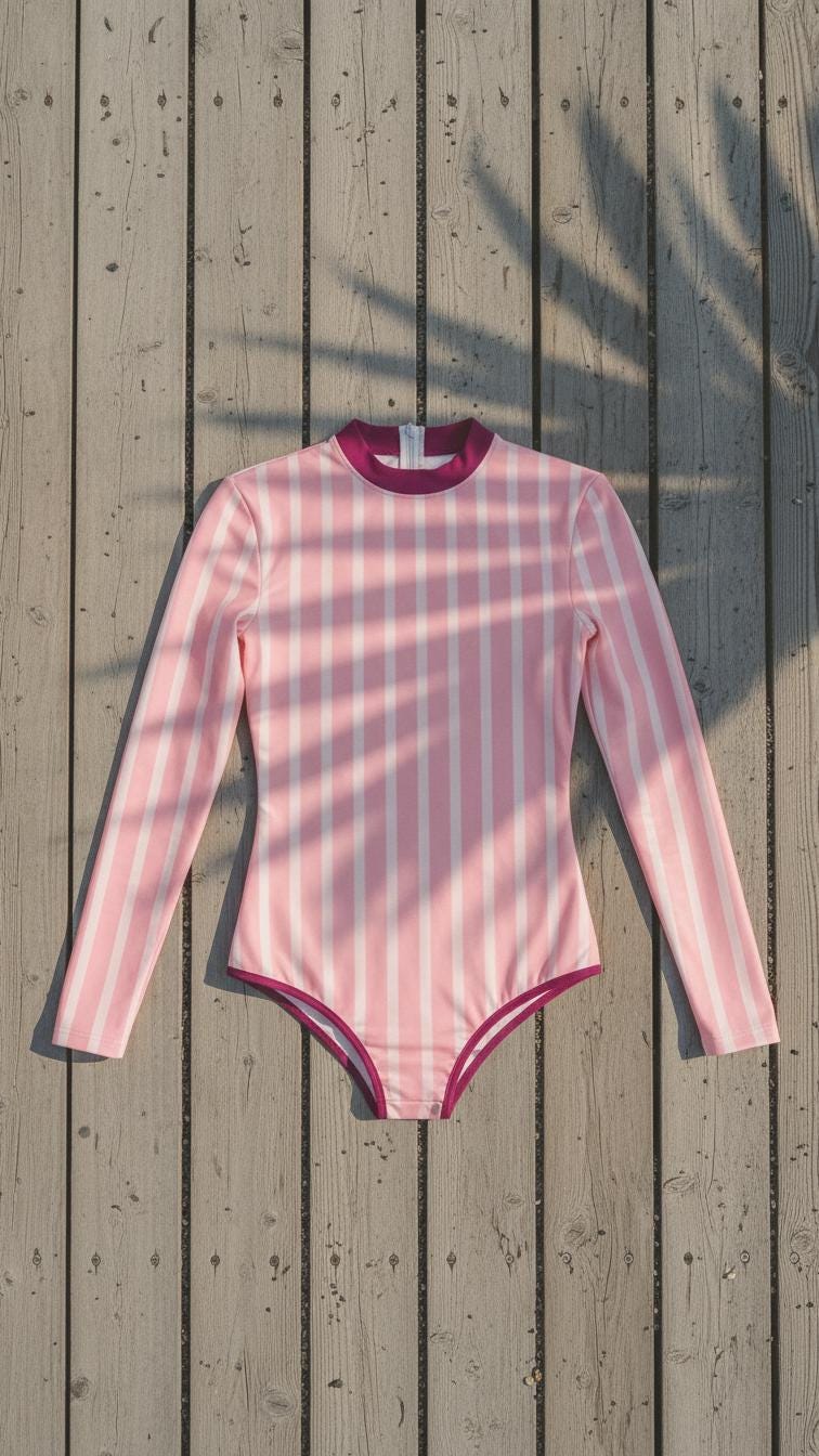 Retro Look Long-Sleeve One-Piece Swimsuit - Back-Zipper - Lightweight - Pink Pastel Stripes