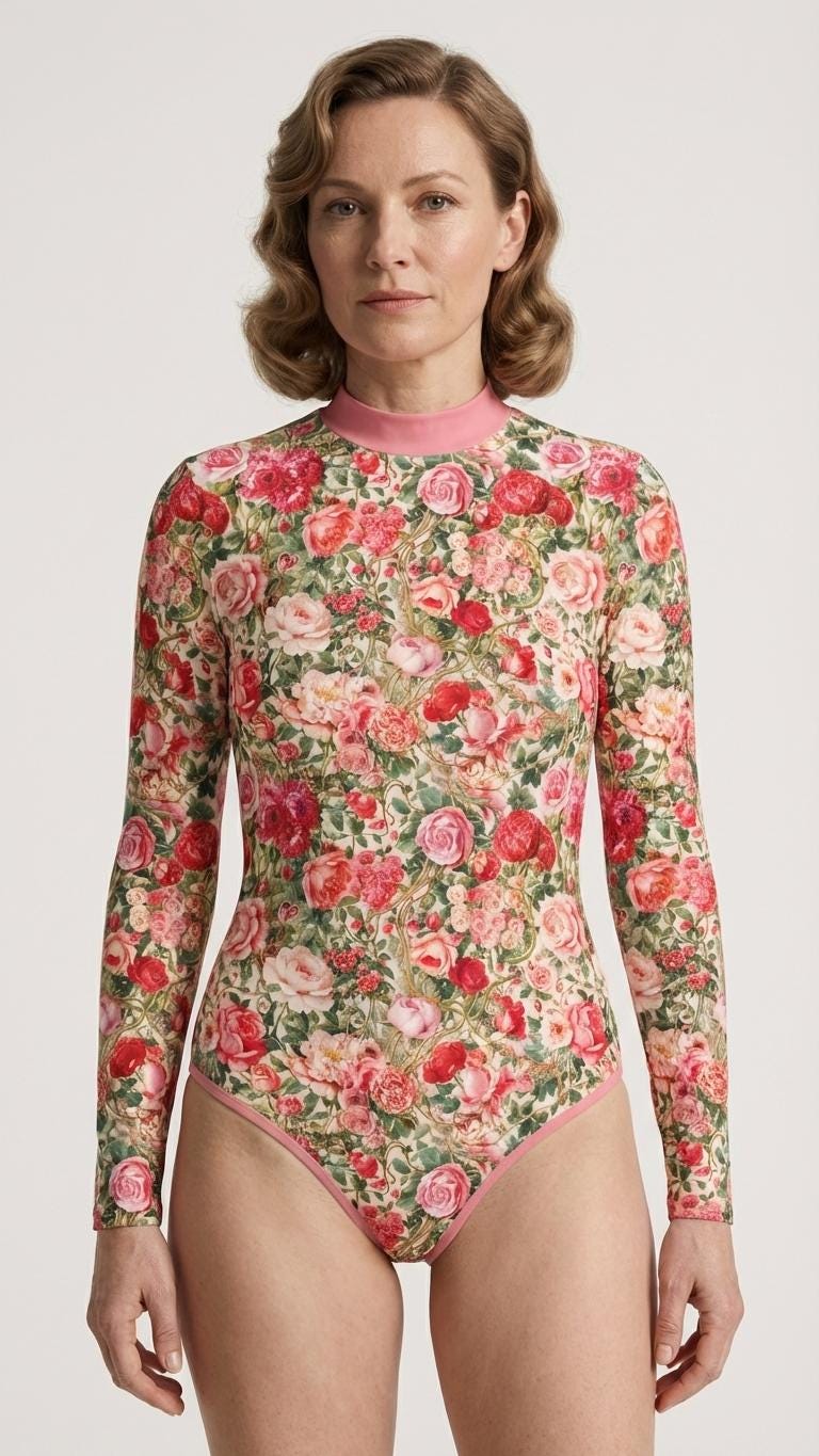 Retro Look Long-Sleeve One-Piece Swimsuit - Back-Zipper - Lightweight - Vintage Florals