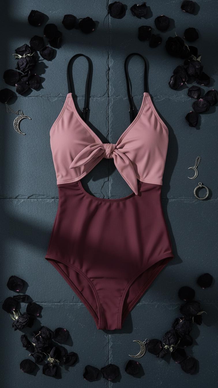 2-Tone Tie Front Cut-Out One-Piece Swimsuit – Retro Sexy Plunge Monokini – Various Colour Combinations
