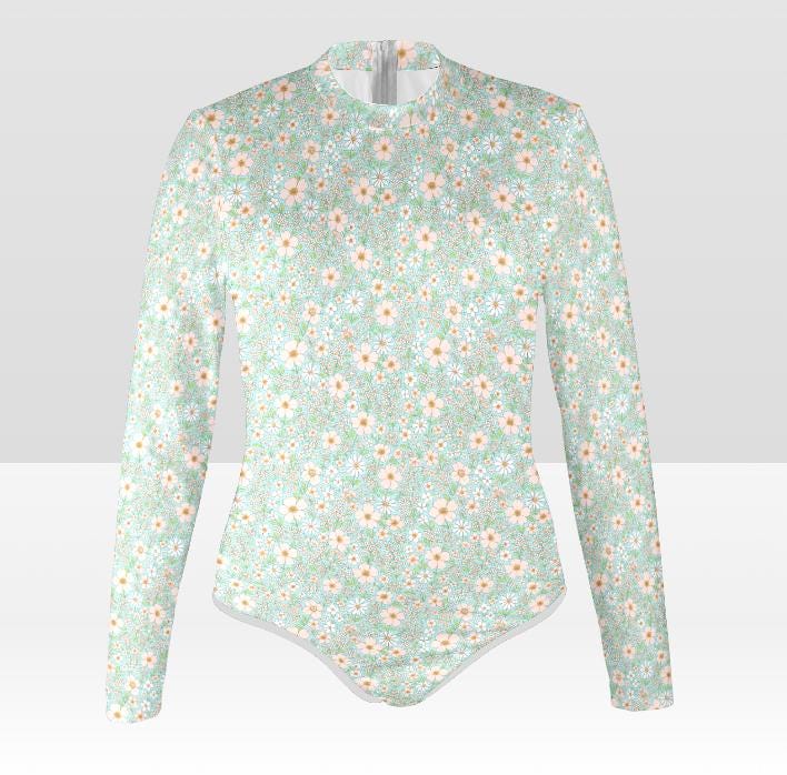 Retro Long-Sleeve One-Piece Swimsuit - Back Zipper - Lightweight - Soft Chest Pads - Vintage Florals