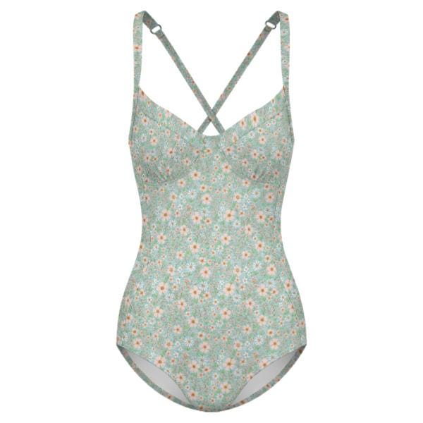 Retro Romantic Floral Push-Up One-Piece Swimsuit with Lace-Up Back, Blue Ditsy Florals