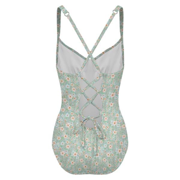 Retro Romantic Floral Push-Up One-Piece Swimsuit with Lace-Up Back, Blue Ditsy Florals