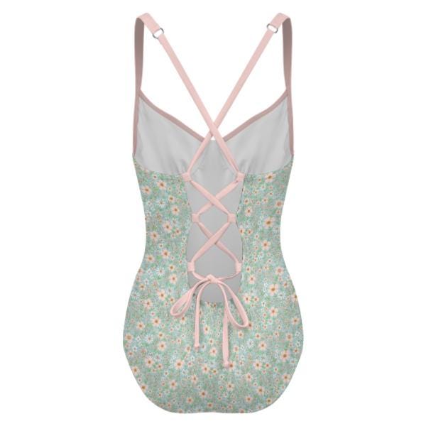 Retro Romantic Floral Push-Up One-Piece Swimsuit with Lace-Up Back, Blue Ditsy Florals
