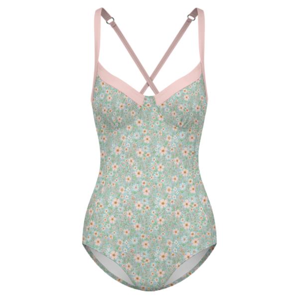 Retro Romantic Floral Push-Up One-Piece Swimsuit with Lace-Up Back, Blue Ditsy Florals