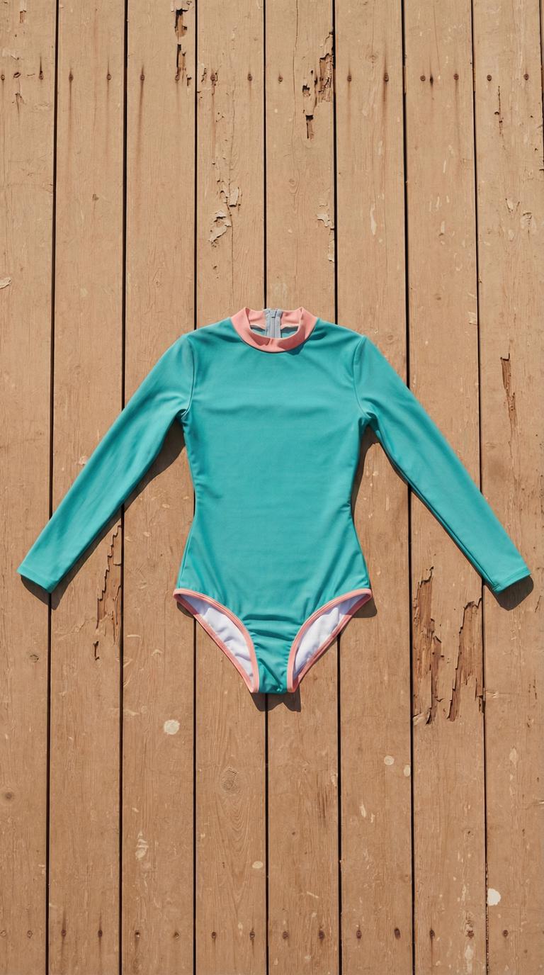 Retro Long-Sleeve One-Piece Swimsuit - Back Zipper - Lightweight - Soft Chest Pads - Blue with Pink Details