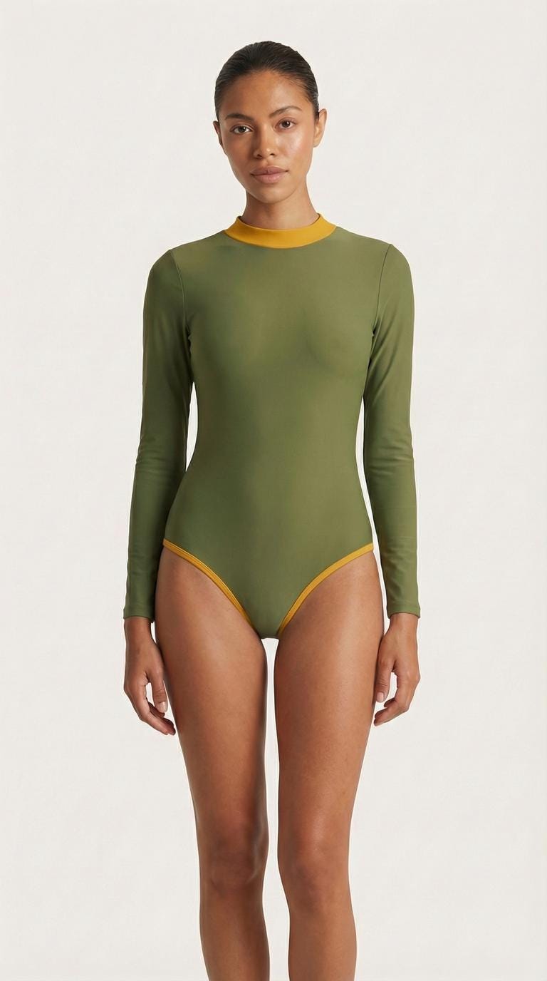 Retro Long-Sleeve One-Piece Swimsuit - Back Zipper - Lightweight - Soft Chest Pads - Blue with Pink Details