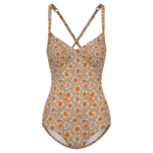 Retro Romantic Floral Push-Up One-Piece Swimsuit with Lace-Up Back, Taupe with Earthy Florals
