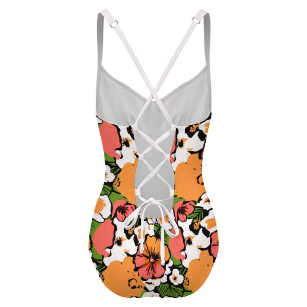 Retro Romantic Floral Push-Up One-Piece Swimsuit with Lace-Up Back, Vintage Hawaii Surf Florals
