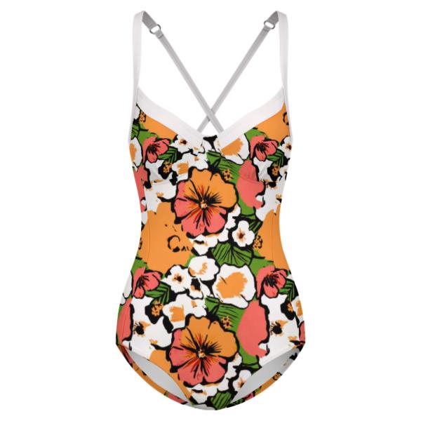 Retro Romantic Floral Push-Up One-Piece Swimsuit with Lace-Up Back, Vintage Hawaii Surf Florals