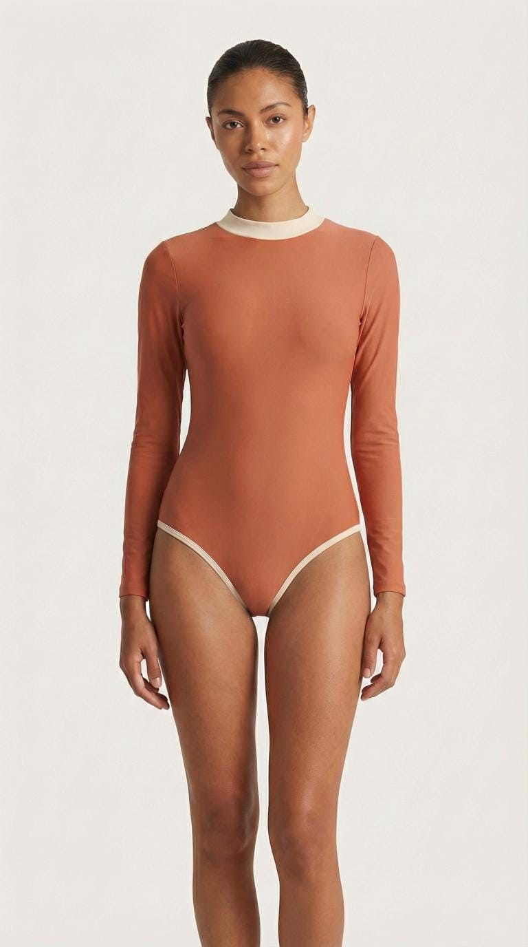 Retro Long-Sleeve One-Piece Swimsuit - Back Zipper - Lightweight - Soft Chest Pads - Blue with Pink Details