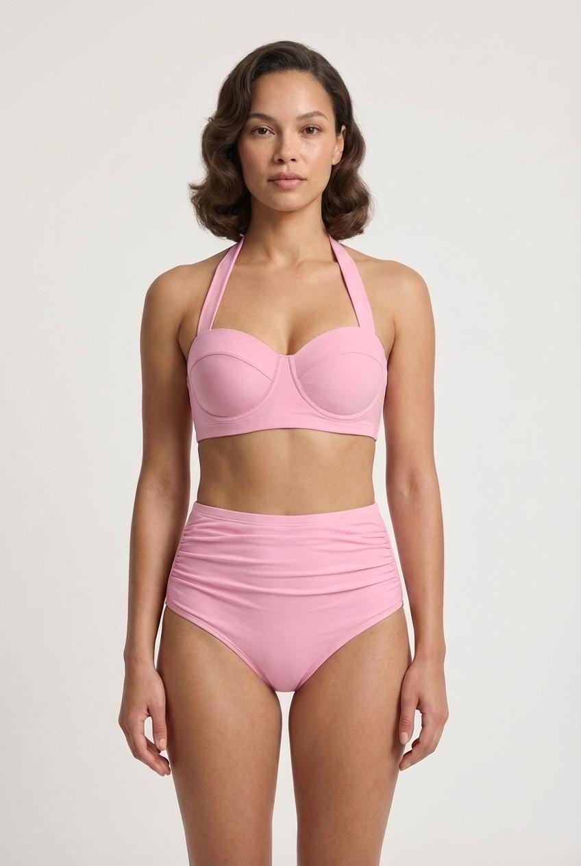 Coquette Vintage-Inspired High-Waist Bikini, Retro Pin Up 50s Soft Pink Two-Piece Swimsuit NEW COLOURS