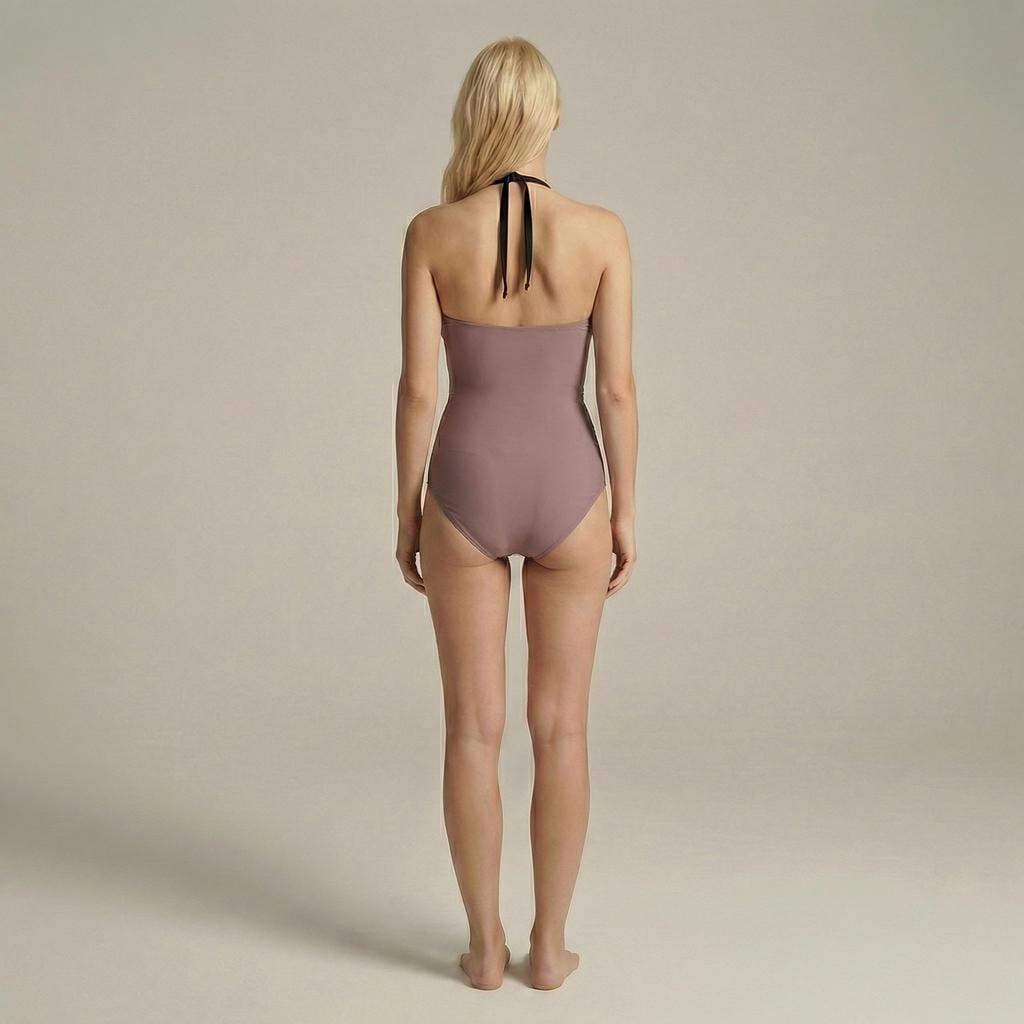Retro Flair Romantic Two-Tone One-Piece Swimsuit, Front-Tie Cut-Out, Mauve and Blush