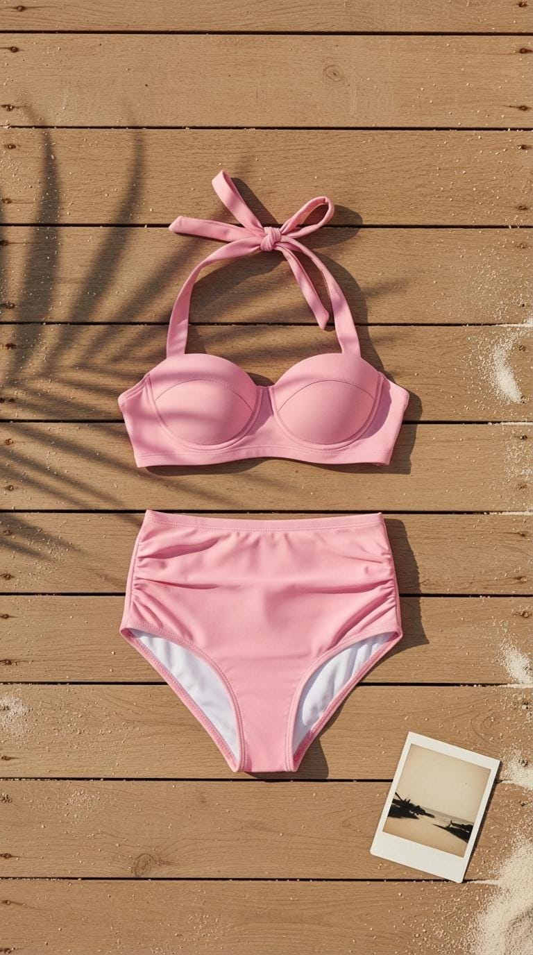 Coquette Vintage-Inspired High-Waist Bikini, Retro Pin Up 50s Soft Pink Two-Piece Swimsuit NEW COLOURS