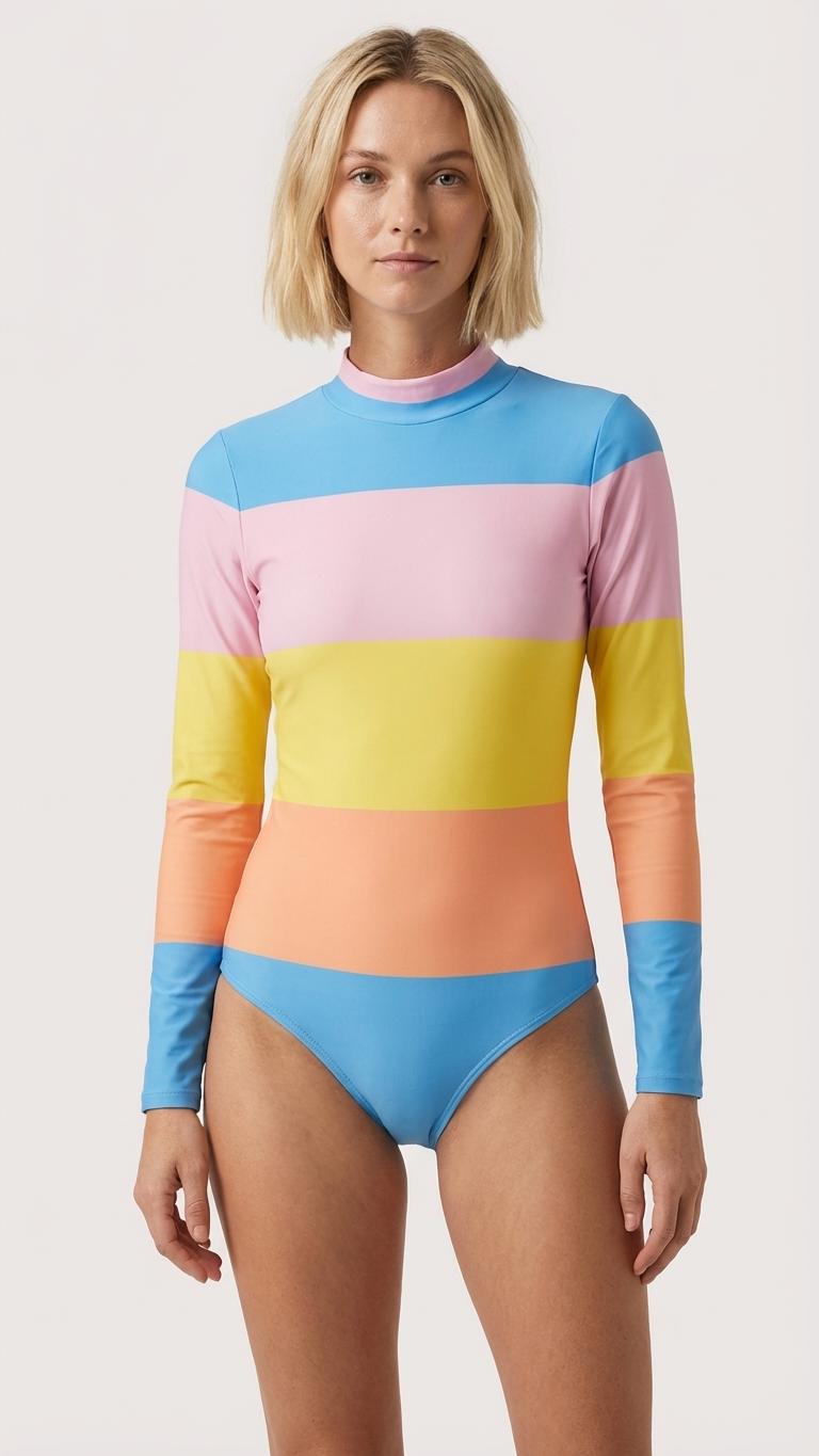 Retro Long-Sleeve One-Piece Swimsuit - Back Zipper - Lightweight - Soft Chest Pads - Multicolour Stripes