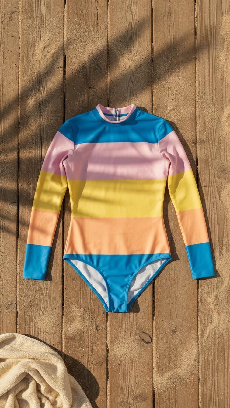 Retro Long-Sleeve One-Piece Swimsuit - Back Zipper - Lightweight - Soft Chest Pads - Multicolour Stripes