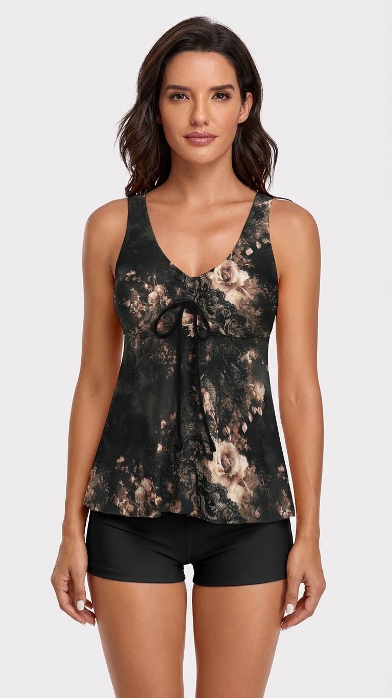 Drawstring Tankini Two-Piece Swimsuit with Boyshorts, Black Grunge Goth Roses & Lace Print