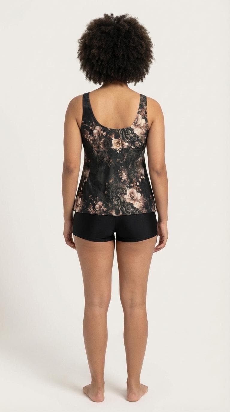 Drawstring Tankini Two-Piece Swimsuit with Boyshorts, Black Grunge Goth Roses & Lace Print