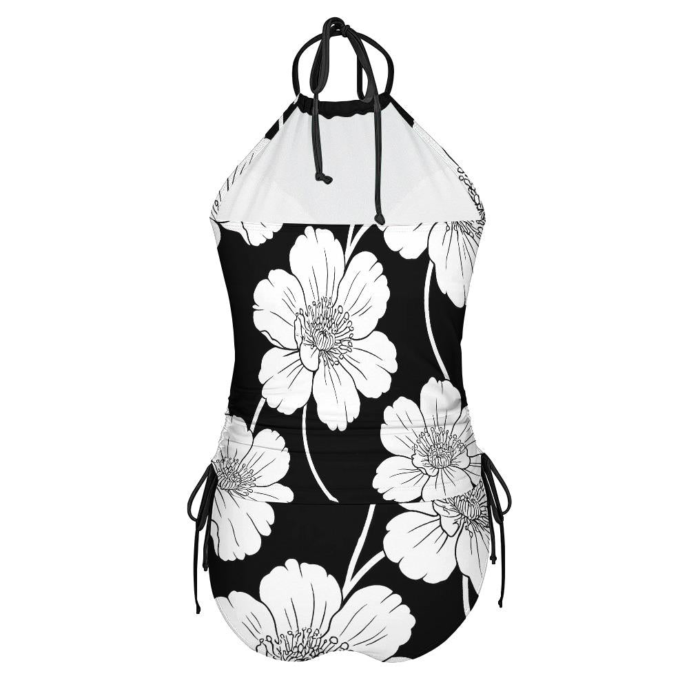 Retro Black & White Floral Tankini – Surfer Two-Piece Swimsuit, Halterneck Drawstring, Flattering Fit