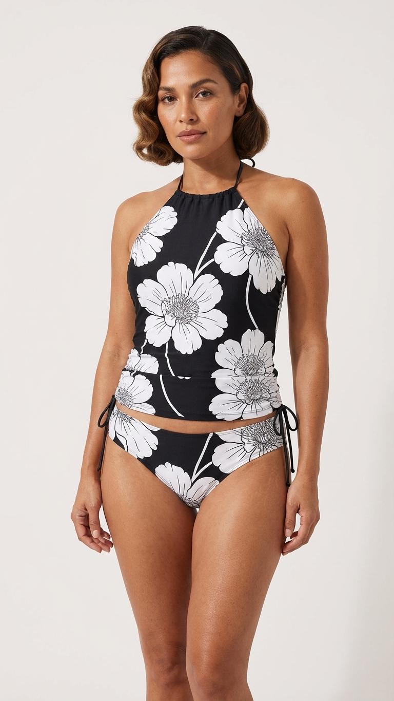Retro Black & White Floral Tankini – Surfer Two-Piece Swimsuit, Halterneck Drawstring, Flattering Fit