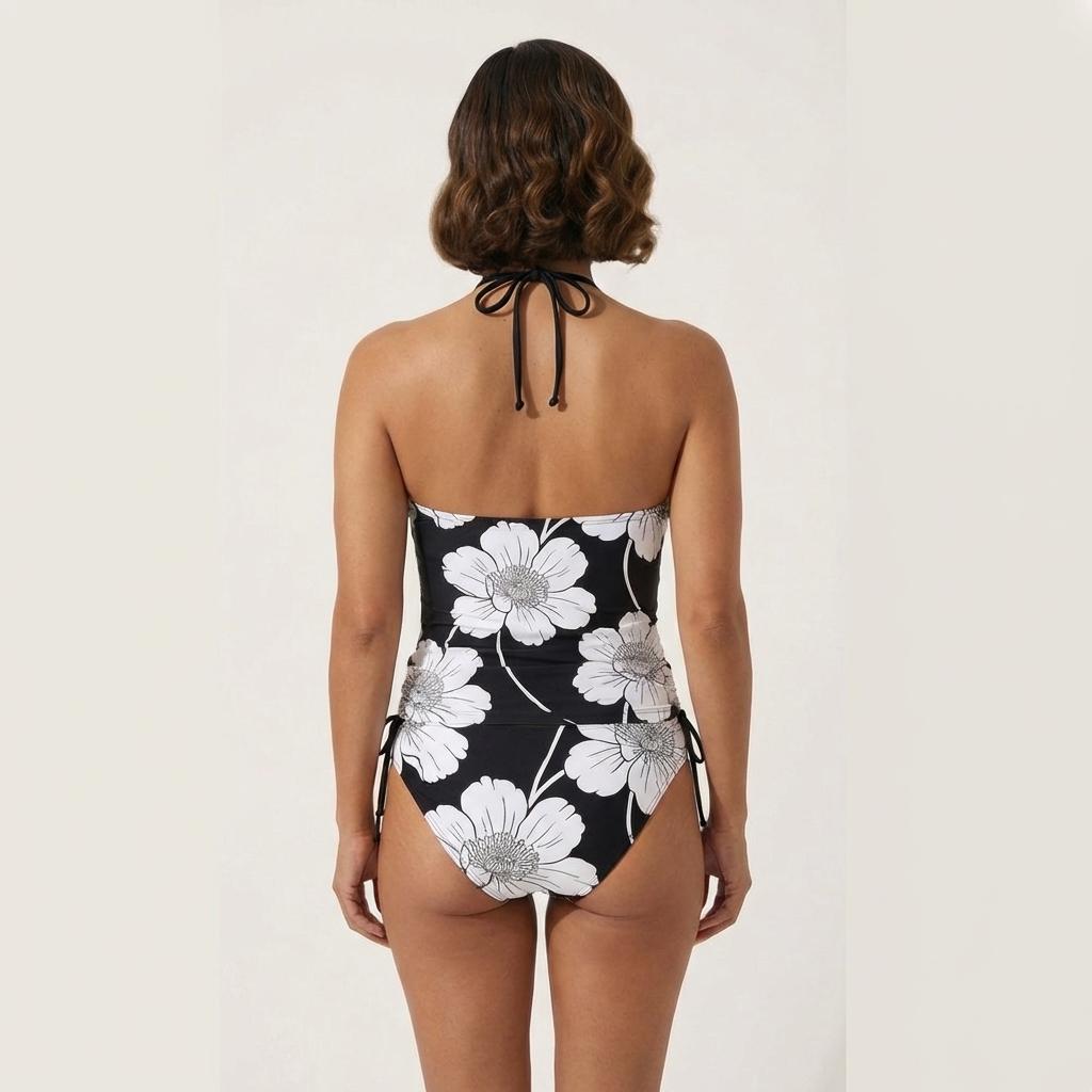Retro Black & White Floral Tankini – Surfer Two-Piece Swimsuit, Halterneck Drawstring, Flattering Fit