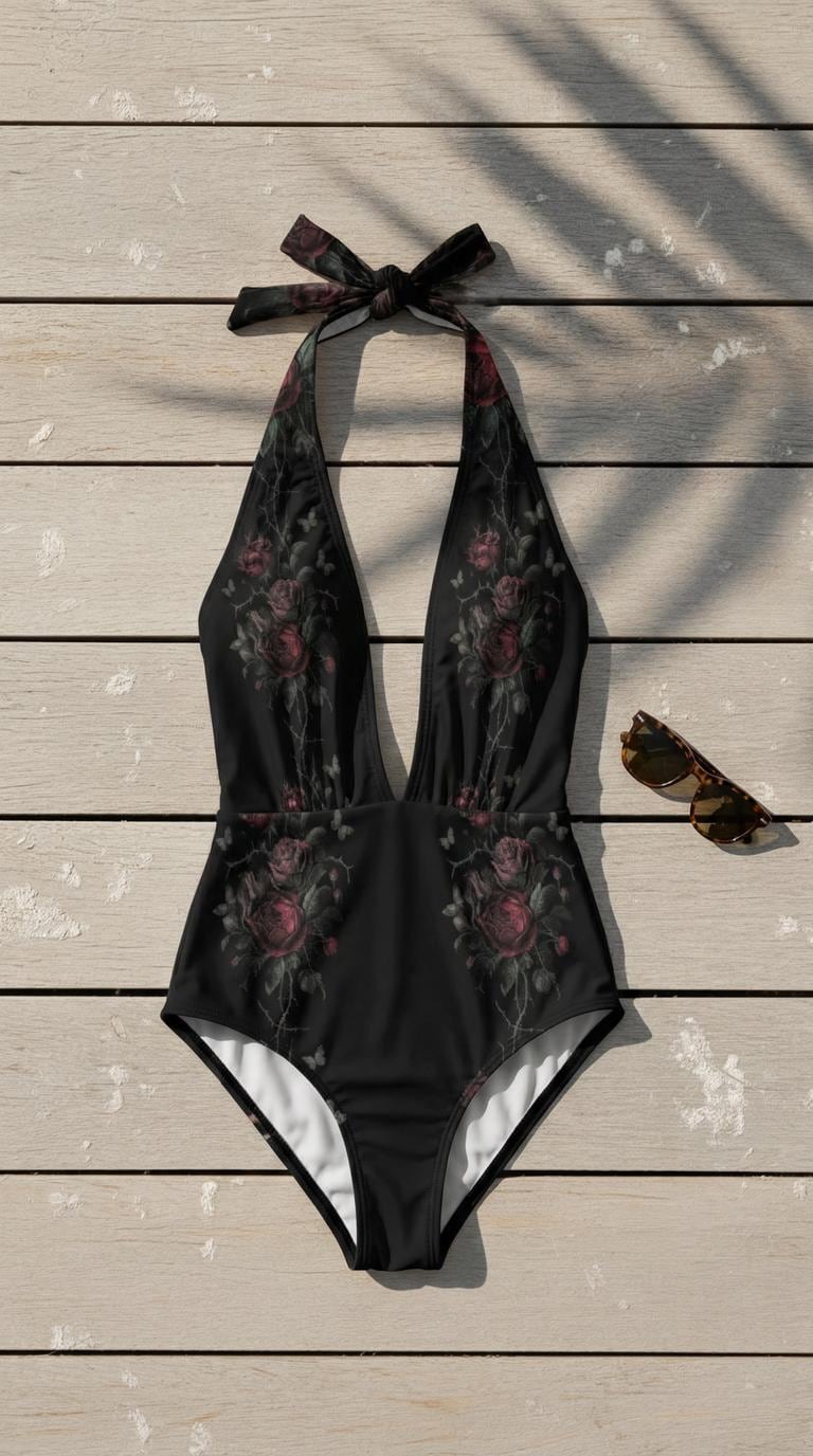 Vampire Art Retro Goth Romance Halter Plunge One-Piece Swimsuit Grunge, Rose Vines & Moths
