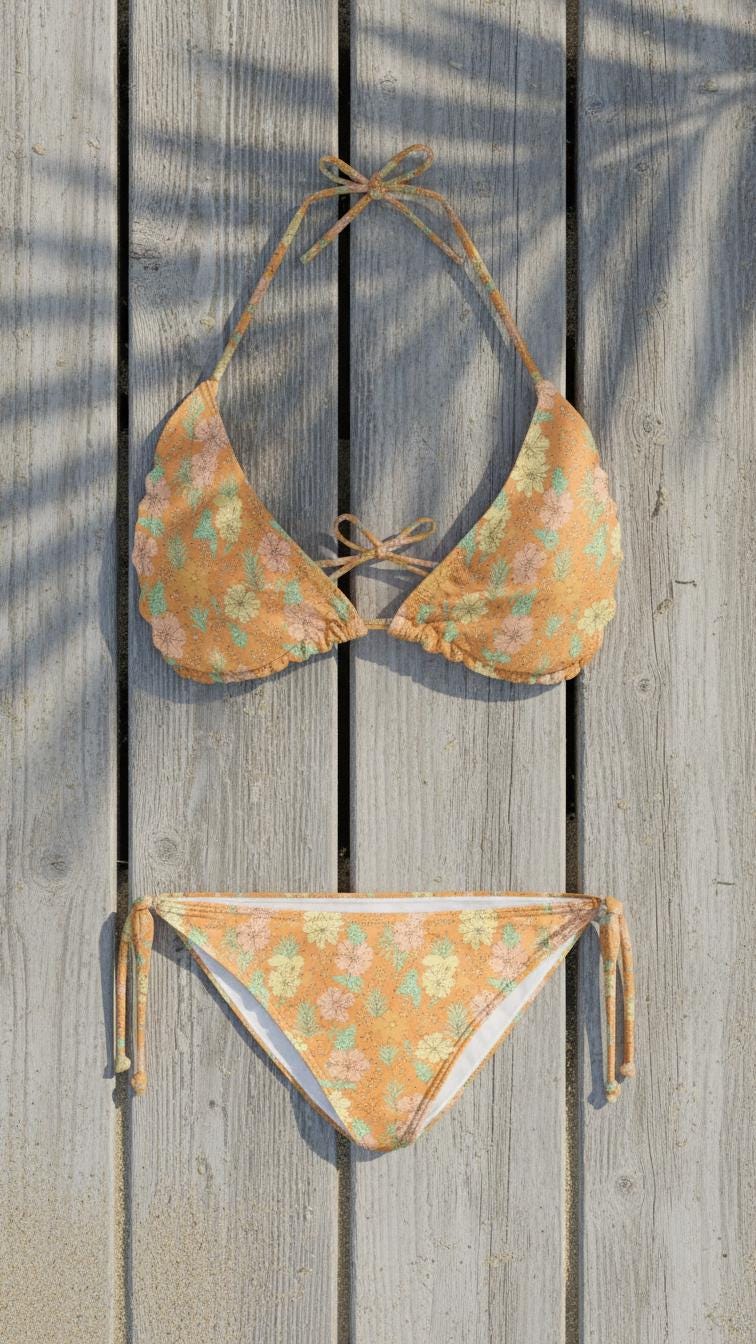Retro Floral Triangle Bikini Set, Flattering Tie-Side Swimsuit Adjustable Fit, 70s Floral Festival Boho