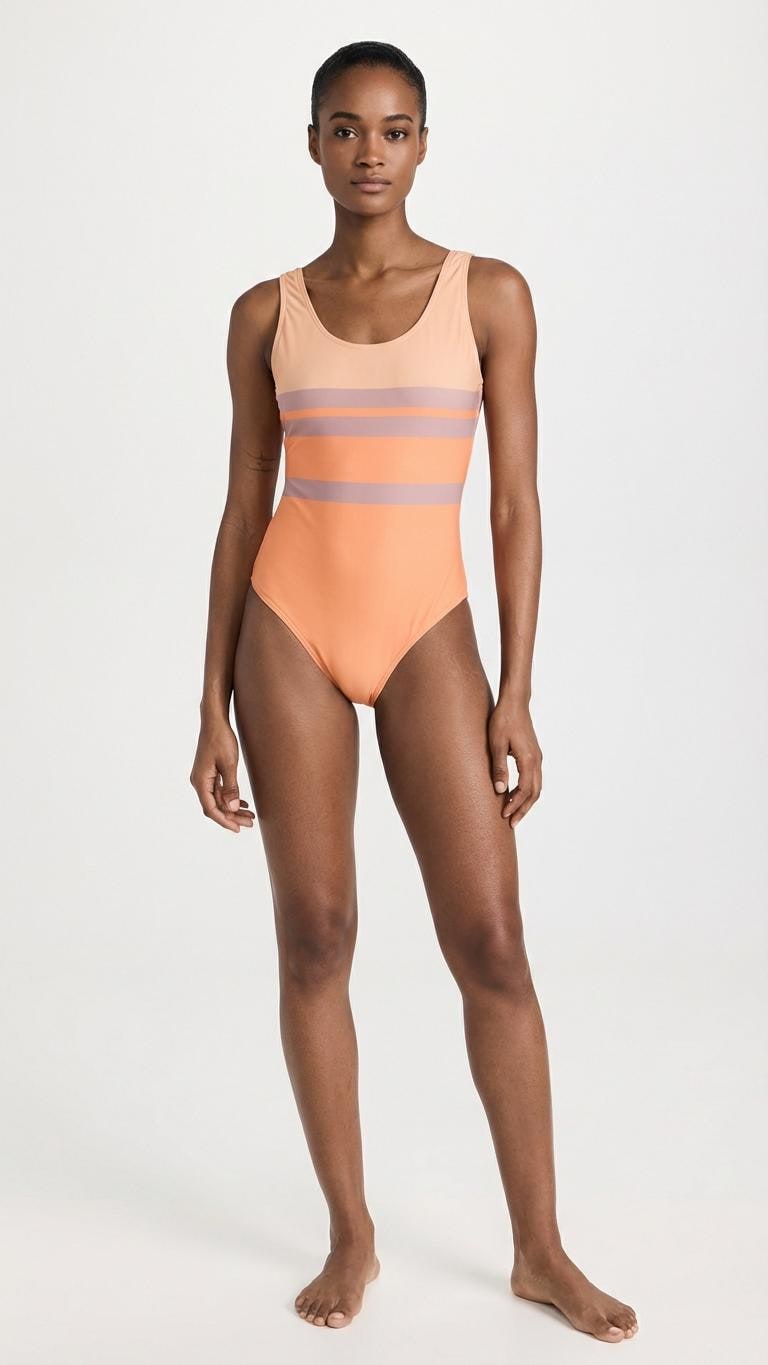Classic Retro Striped One-Piece Swimsuit | Surf Swimwear | High-Leg | Delicate 1970s Orange & Stripes