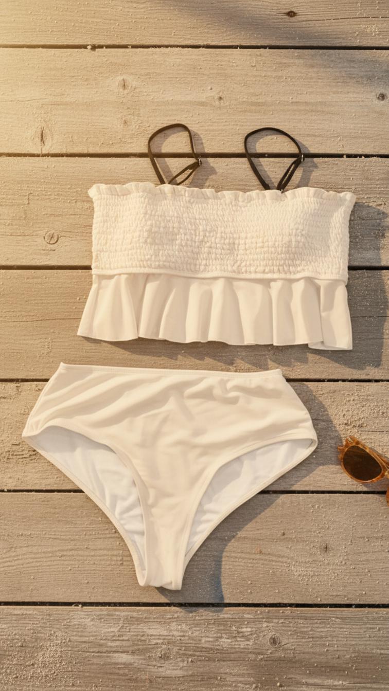 Retro Smocked Bikini Set with Ruffle | Vintage-Inspired Crop Tankini Swimsuit | Delicate Colours