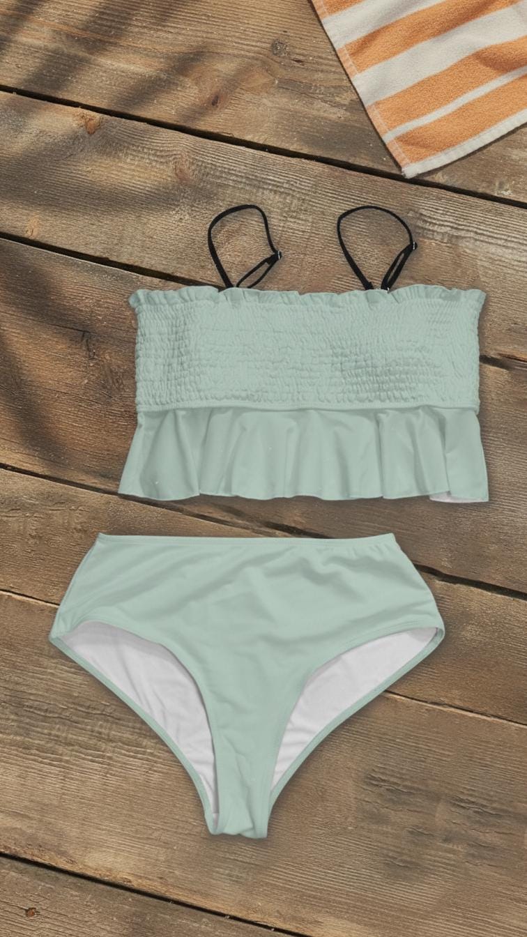 Retro Smocked Bikini Set with Ruffle | Vintage-Inspired Crop Tankini Swimsuit | Delicate Colours