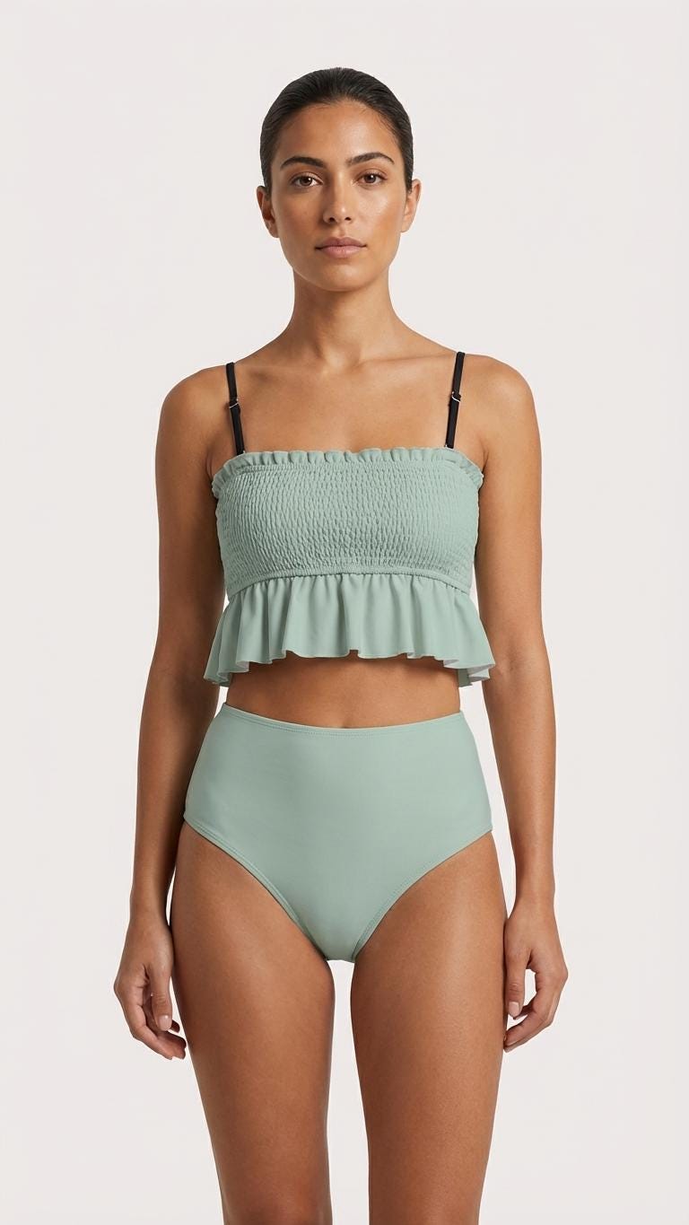 Retro Smocked Bikini Set with Ruffle | Vintage-Inspired Crop Tankini Swimsuit | Delicate Colours