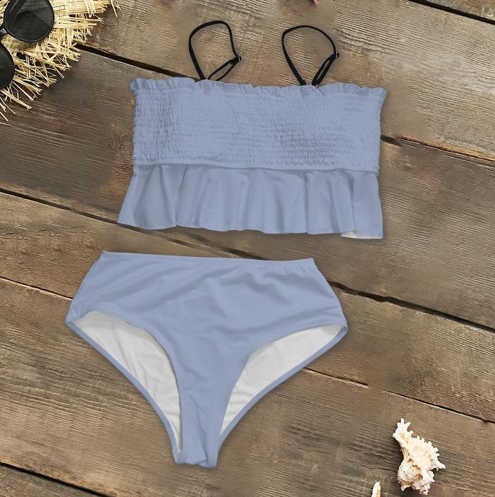 Retro Smocked Bikini Set with Ruffle | Vintage-Inspired Crop Tankini Swimsuit | Delicate Colours
