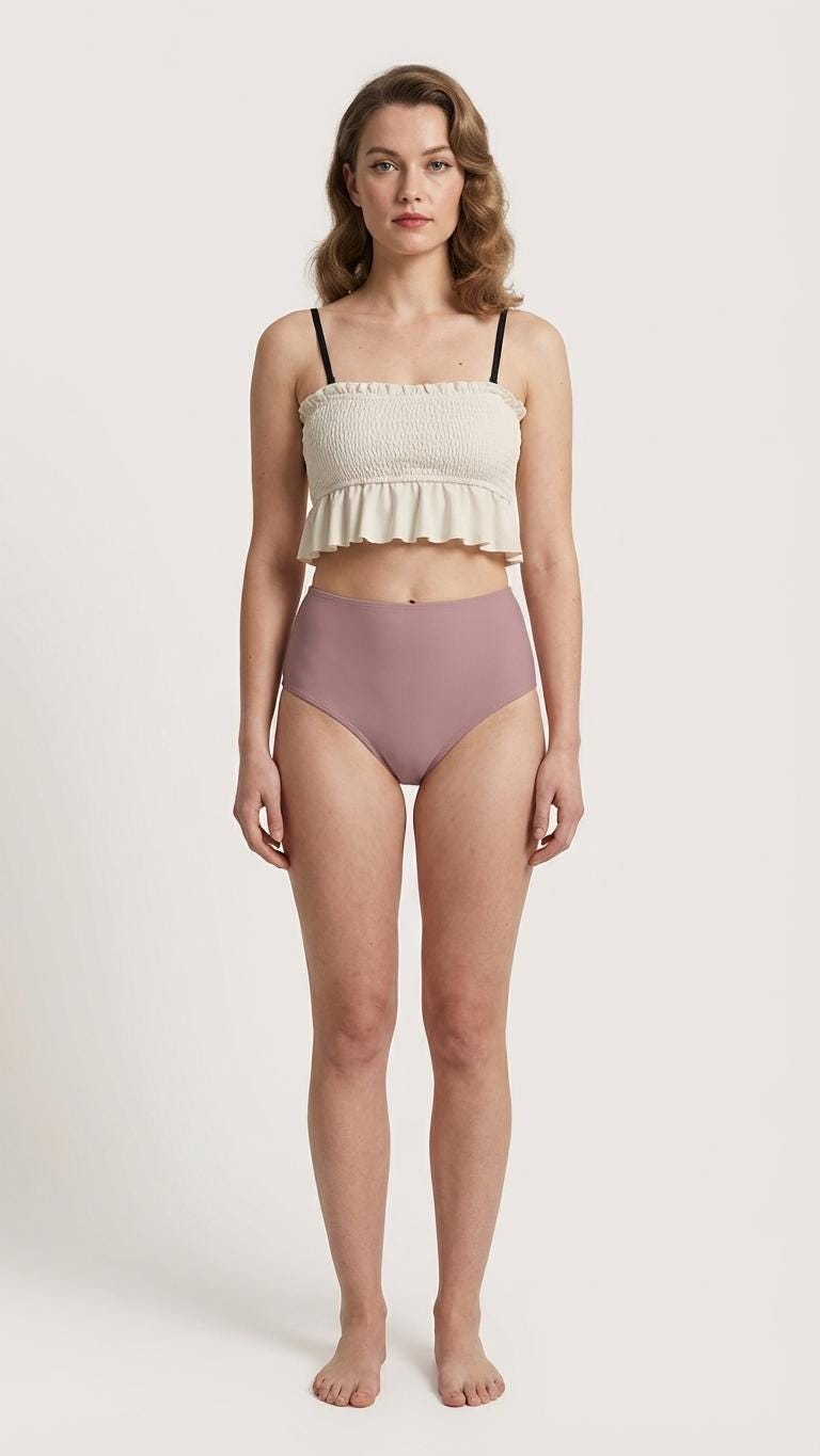 Retro Smocked Bikini Set with Ruffle | Vintage-Inspired Crop Tankini Swimsuit | Two-Tone Cream & Old Rose