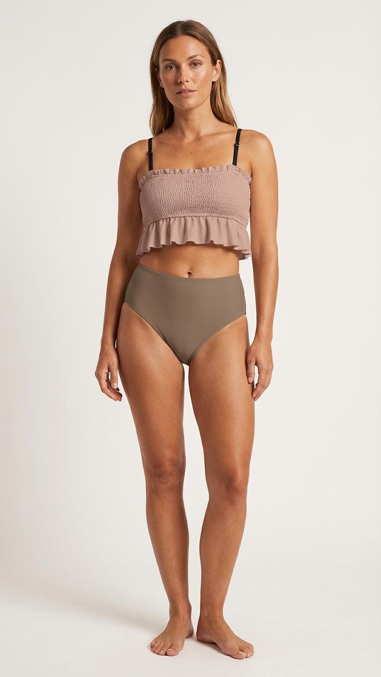 Retro Smocked Bikini Set with Ruffle | Vintage-Inspired Crop Tankini Swimsuit | Two-Tone Old Rose & Tobacco