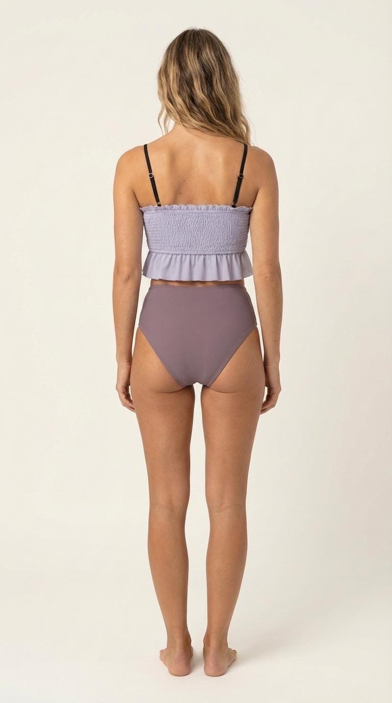 Retro Smocked Bikini Set with Ruffle | Vintage-Inspired Crop Tankini Swimsuit | Two-Tone Lilac & Plum