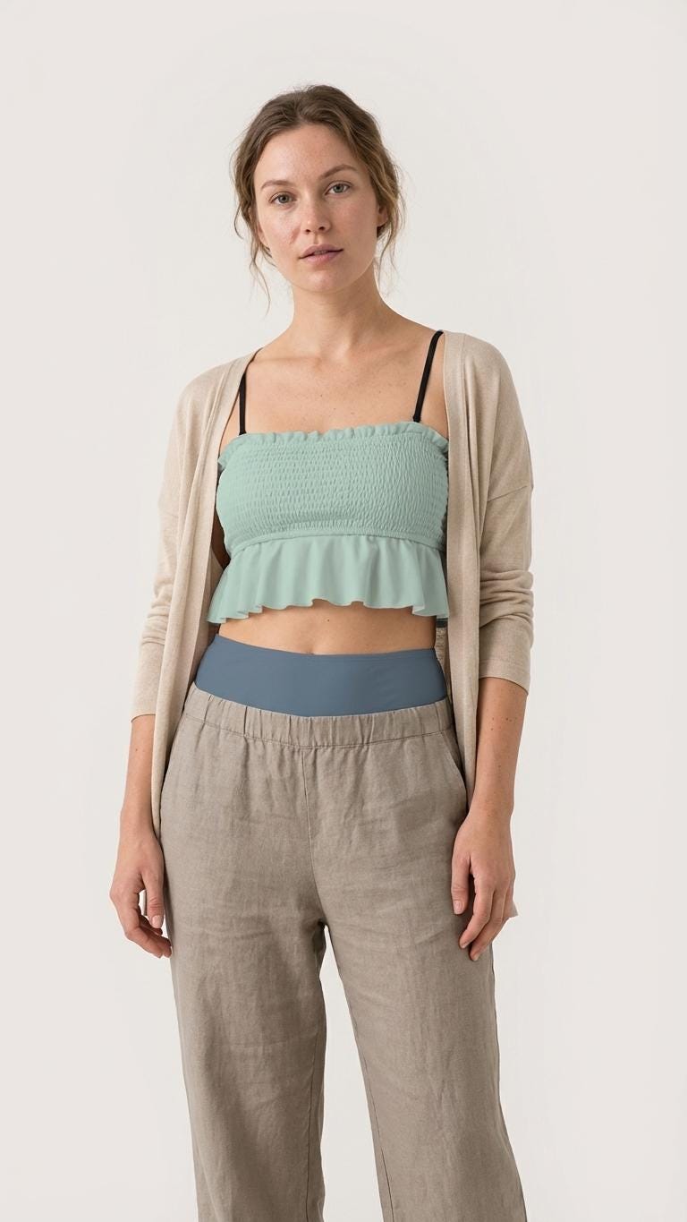 Retro Smocked Bikini Set with Ruffle | Vintage-Inspired Crop Tankini Swimsuit | Two-Tone Seafoam & Blue