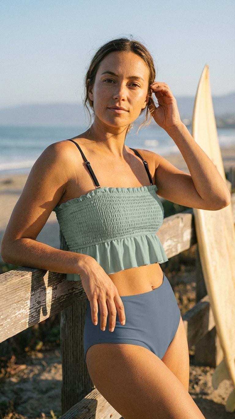 Retro Smocked Bikini Set with Ruffle | Vintage-Inspired Crop Tankini Swimsuit | Two-Tone Seafoam & Blue