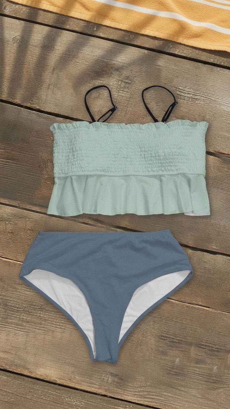 Retro Smocked Bikini Set with Ruffle | Vintage-Inspired Crop Tankini Swimsuit | Two-Tone Seafoam & Blue