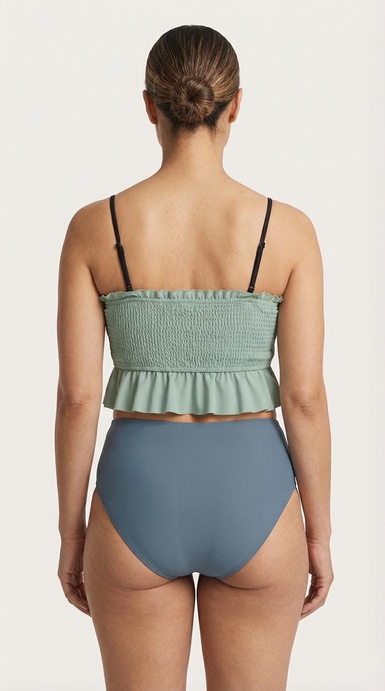 Retro Smocked Bikini Set with Ruffle | Vintage-Inspired Crop Tankini Swimsuit | Two-Tone Seafoam & Blue
