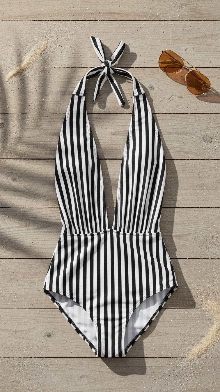 Striped Halter One-Piece Swimsuit – Retro Goth Pin-Up Style