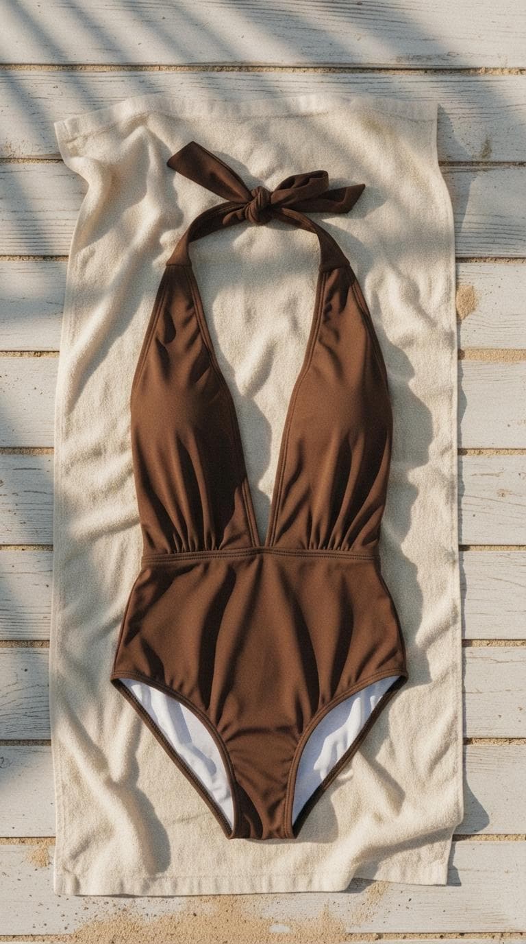 70s Brown Halter Plunge One Piece Swimsuit