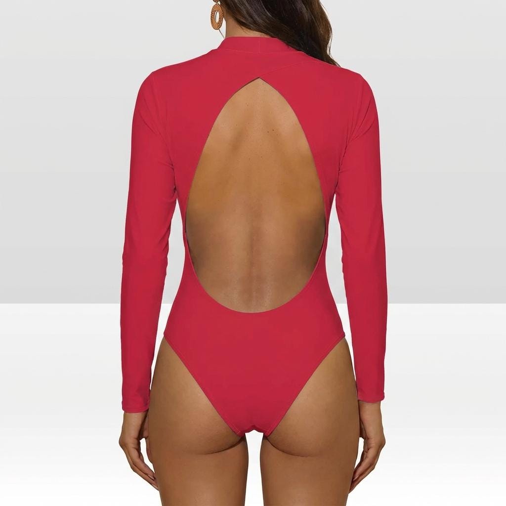 Persian Red Long-Sleeve Swimsuit, Surf Swimwear, Open Back, Lined Front, Removable Padding
