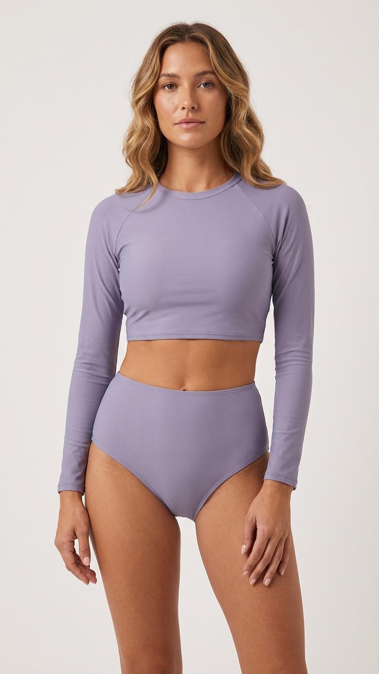 Lavender Long Sleeve Crop Top Bikini Set, High-Waist Retro Swimsuit